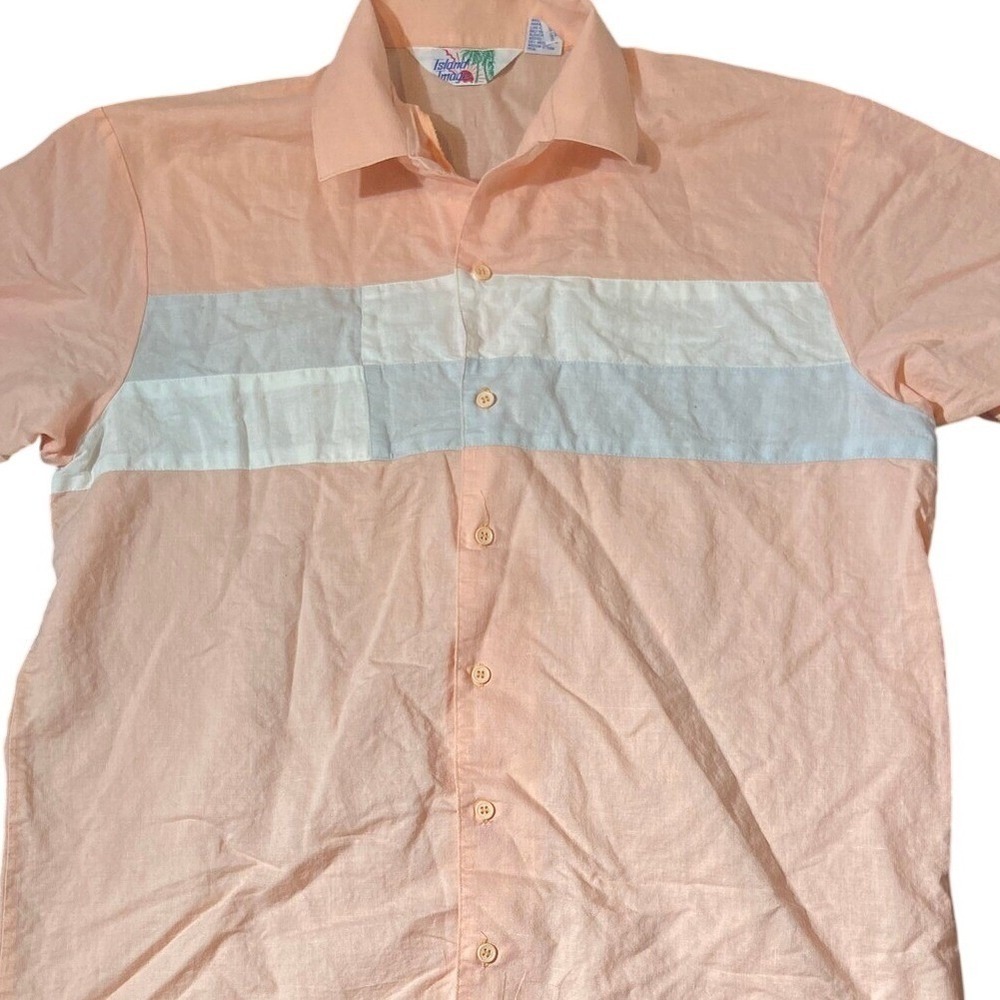 Island Image Camp Shirt Mens L Peach Button Up Tropical Short Sleeve Flaws